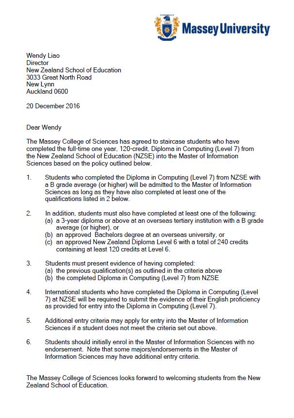 盈科留學(xué)新疆分公司獲得梅西大學(xué)IT專升碩認(rèn)證信Diploma in Computing Level 7